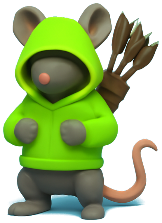 A cheap plastic mobile game render of a grey street rat standing upright, wearing an acid green hood pulled low over its eyes, a full quiver of arrows slung on its back